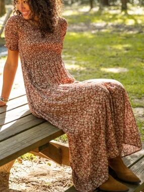 Natural Life | Floral Tiered Smocked Midi Long Dress Off The Shoulder Large / XL